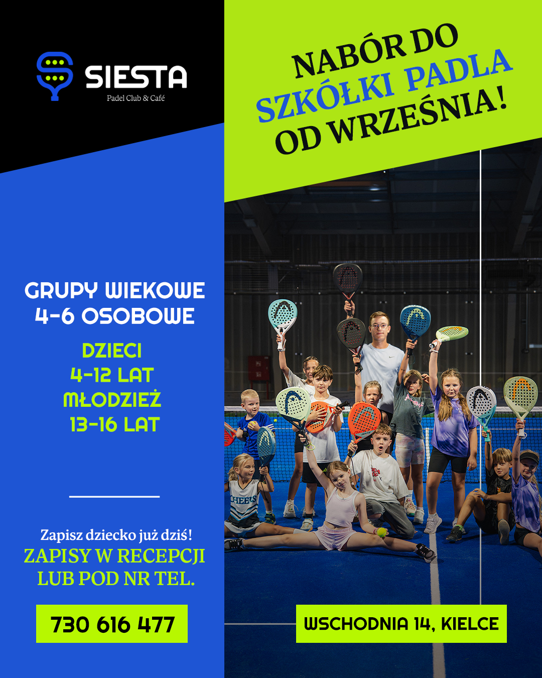 Nabór do szkółki padla Siesta od września – dzieci 4–12 lat, młodzież 13–16 lat, zapisy tel. 730 616 477